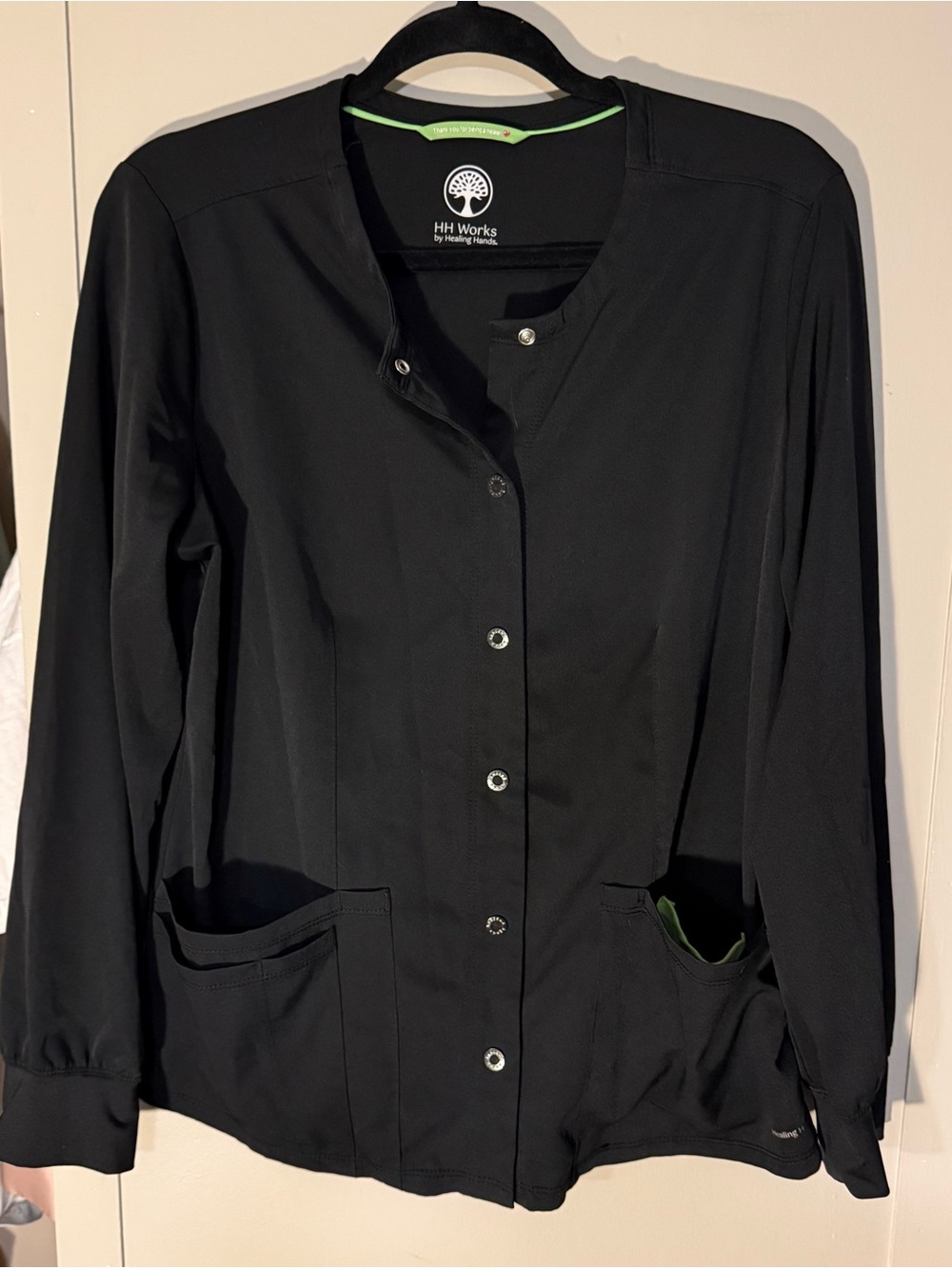 healing hands Black Snap-Front Utility Jacket with Green Trim